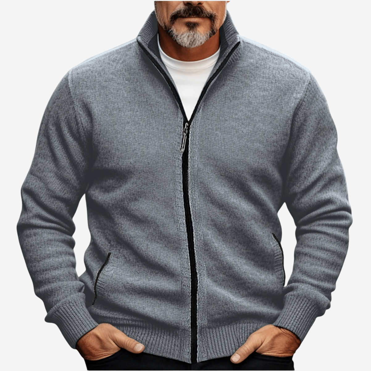 Strickjacke – Durchgehender Reißverschluss – Taschen – Strickjacke mit Reißverschluss – Herren-Strickmode-Hellgrau-S-Chaps Herrenmode