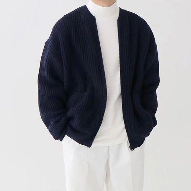 Strickjacke – Grob gestrickte Herrenjacke mit durchgehendem Reißverschluss und Taschen-Chaps Herrenmode