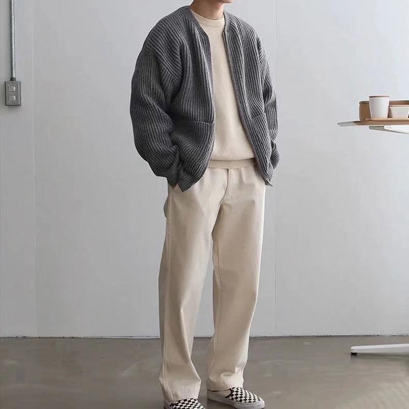 Strickjacke – Grob gestrickte Herrenjacke mit durchgehendem Reißverschluss und Taschen-Grau-S-Chaps Herrenmode