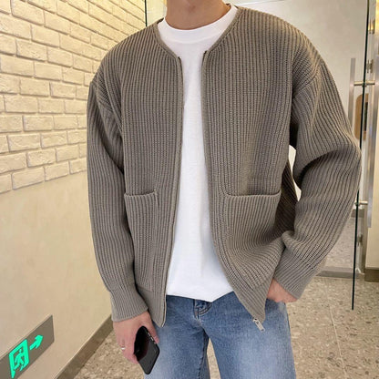 Strickjacke – Grob gestrickte Herrenjacke mit durchgehendem Reißverschluss und Taschen-Khaki-S-Chaps Herrenmode