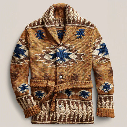 Strickjacke – Herren-Strickjacke im Vintage-Stil mit Knopfleiste und Gürtel-S-Mehrfarbig-Chaps Herrenmode
