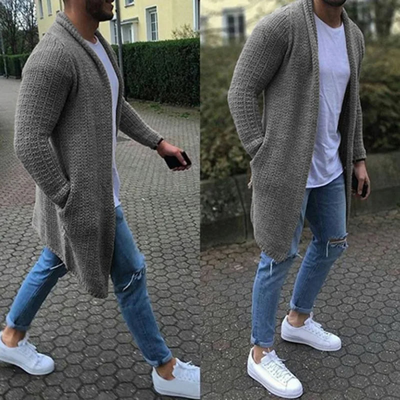 Strickjacke | Lässig | Offene Vorderseite | Lange Strickjacke | Herren-Strickjacke-Grau-M-Chaps Herrenmode