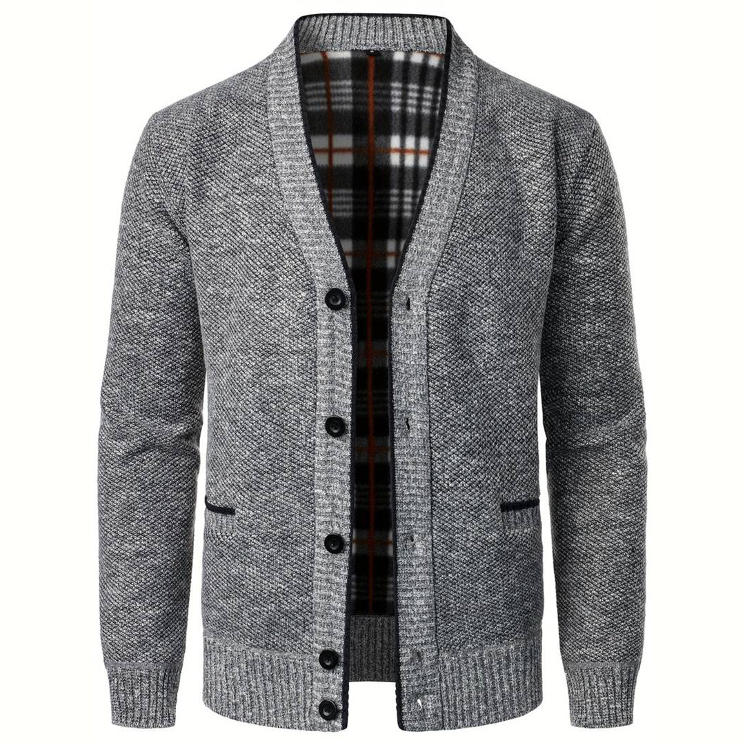Strickjacke | V-Ausschnitt | Karo-Futter | Strickjacke mit Knopfleiste | Herren Strickjacke-Grau-M-Chaps Herrenmode