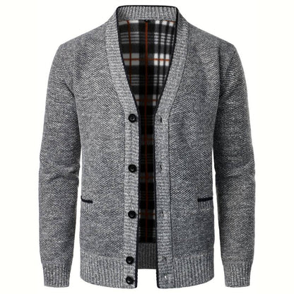 Strickjacke | V-Ausschnitt | Karo-Futter | Strickjacke mit Knopfleiste | Herren Strickjacke-Grau-M-Chaps Herrenmode