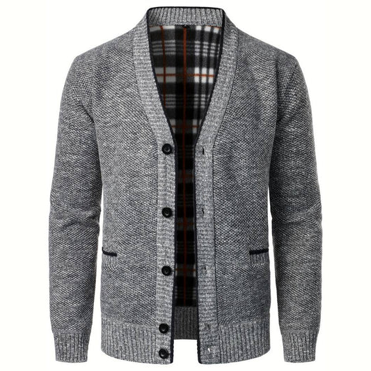 Strickjacke | V-Ausschnitt | Karo-Futter | Strickjacke mit Knopfleiste | Herren Strickjacke-Grau-M-Chaps Herrenmode
