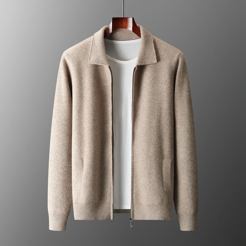 Strickjacke mit Reißverschluss – Herren-Strickjacke mit durchgehendem Reißverschluss-Beige-S-Chaps Herrenmode