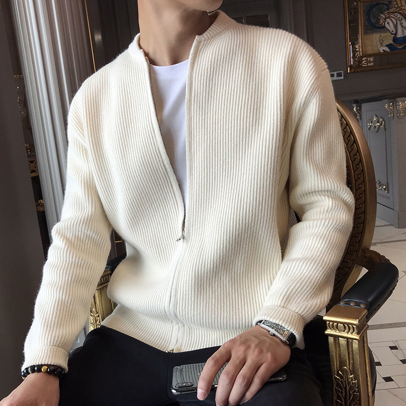 Strickjacke mit Reißverschluss | Rippstrick | Durchgehender Reißverschluss | Gestrickte Strickjacke | Herren-Strickjacke-Beige-M-Chaps Herrenmode
