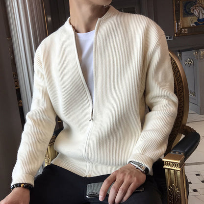 Strickjacke mit Reißverschluss | Rippstrick | Durchgehender Reißverschluss | Gestrickte Strickjacke | Herren-Strickjacke-Beige-M-Chaps Herrenmode