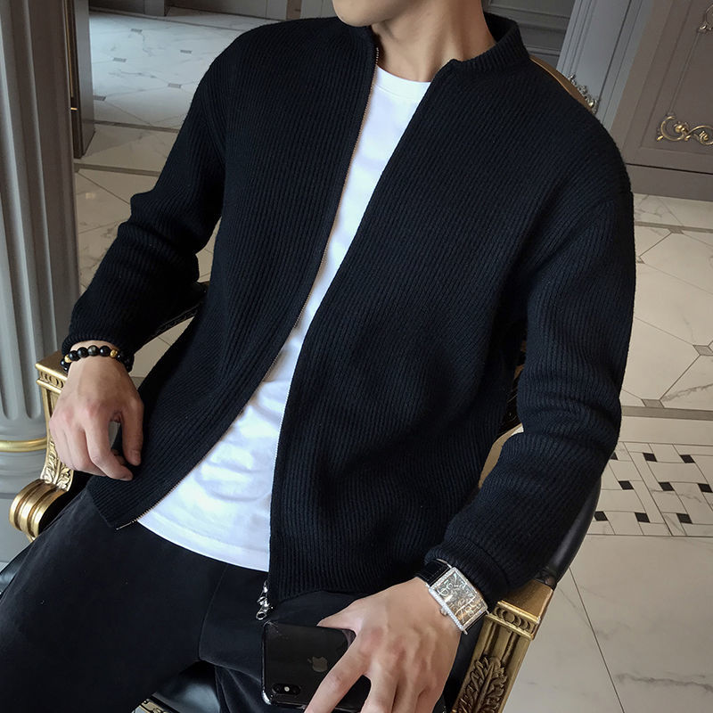 Strickjacke mit Reißverschluss | Rippstrick | Durchgehender Reißverschluss | Gestrickte Strickjacke | Herren-Strickjacke-Schwarz-M-Chaps Herrenmode