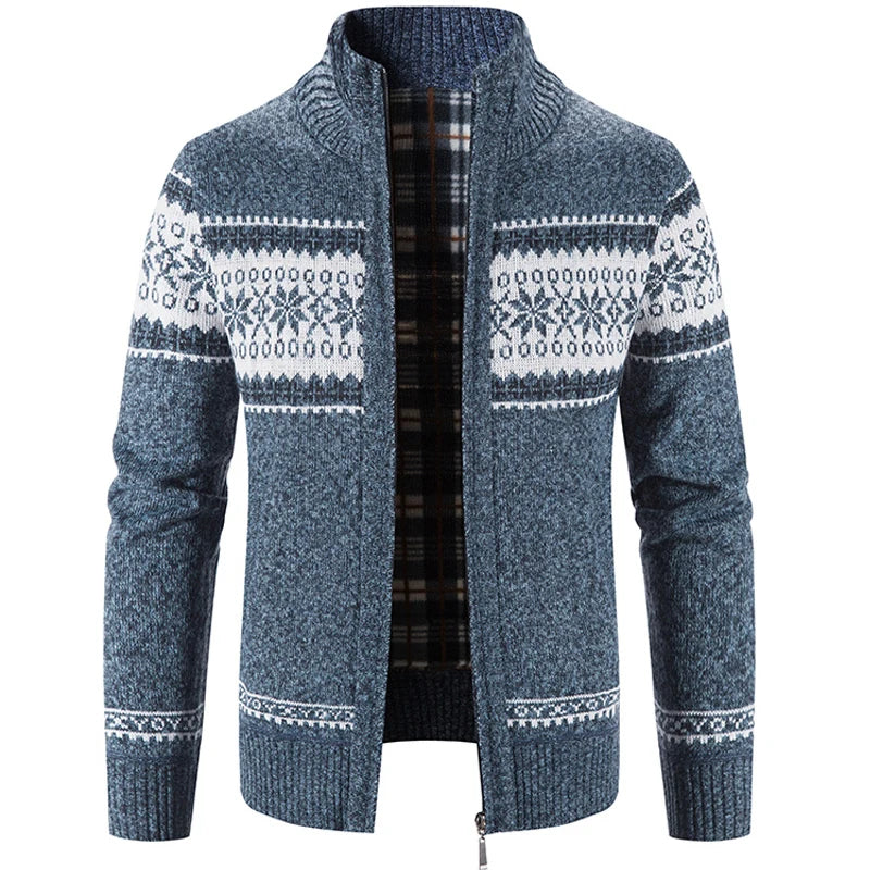 Strickjacke – warme Herren-Winterjacke mit Stehkragen und durchgehendem Reißverschluss-Blau Grau-S-Chaps Herrenmode