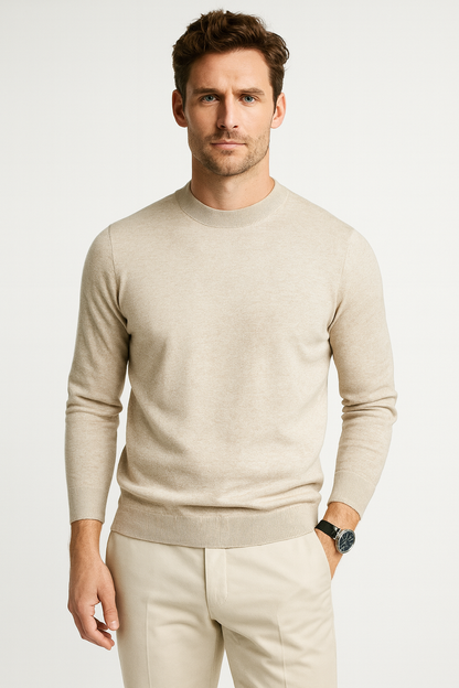 Strickpullover | Einfarbig | Rundhalsausschnitt | Pullover | Herrenpullover-Beige-S-Chaps Herrenmode