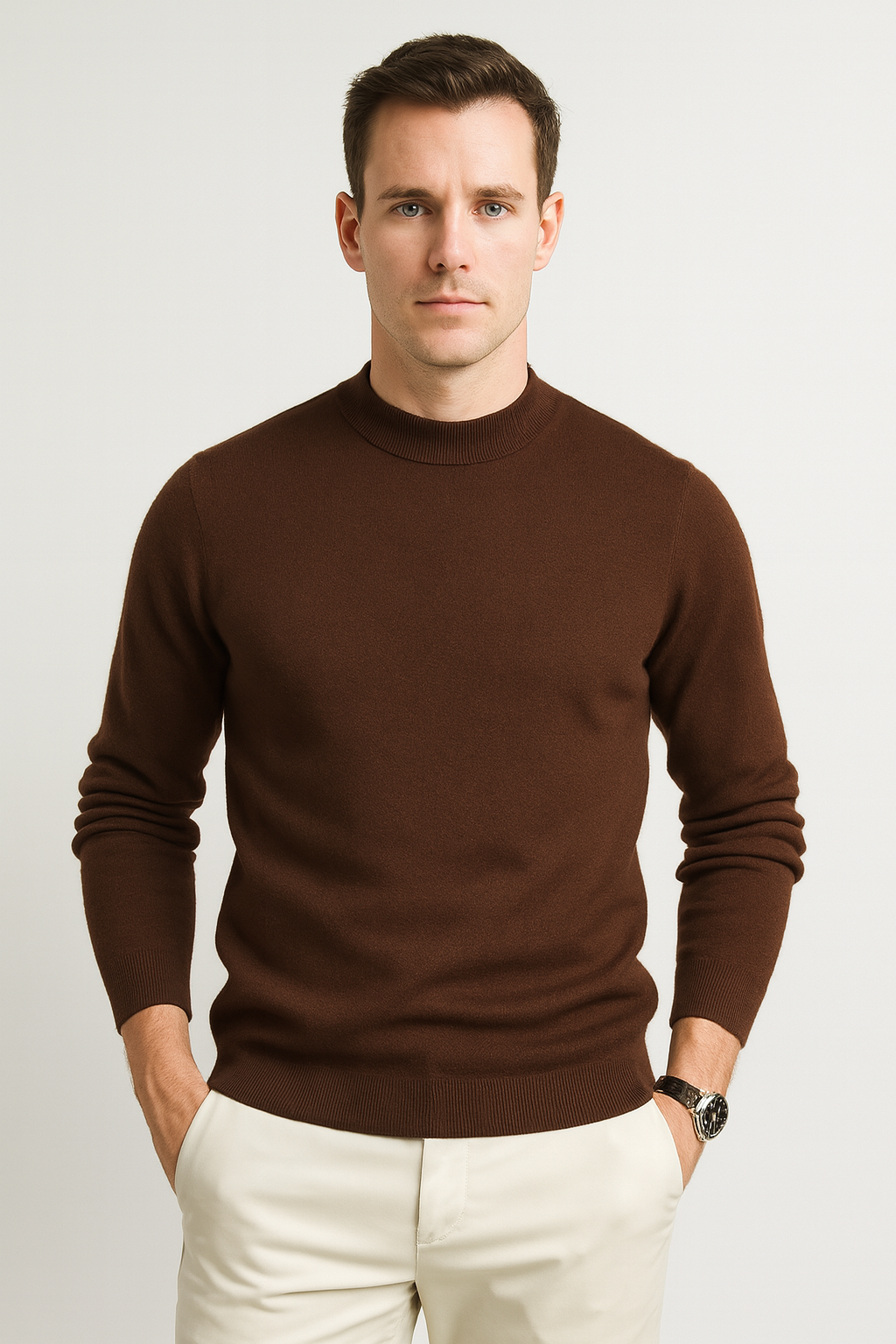 Strickpullover | Einfarbig | Rundhalsausschnitt | Pullover | Herrenpullover-Braun-S-Chaps Herrenmode