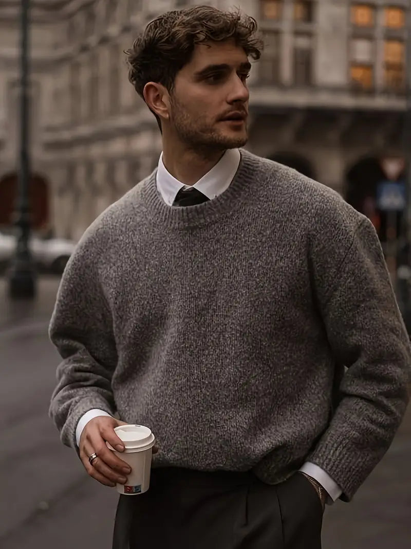 Strickpullover – Herrenpullover mit Rundhalsausschnitt und lockerer Passform-Grau-M-Chaps Herrenmode