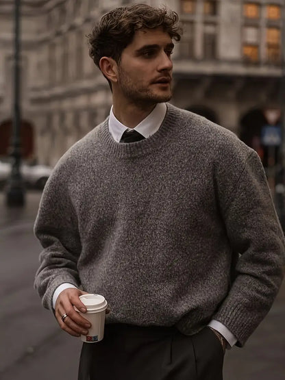 Strickpullover – Herrenpullover mit Rundhalsausschnitt und lockerer Passform-Grau-M-Chaps Herrenmode