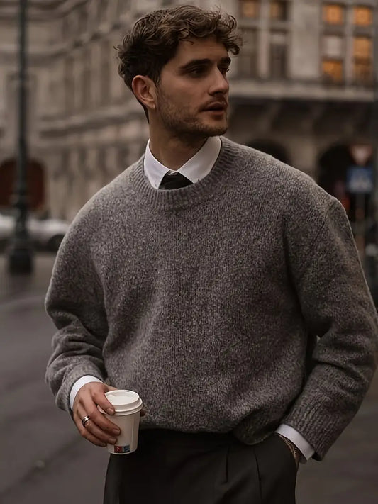 Strickpullover – Herrenpullover mit Rundhalsausschnitt und lockerer Passform-Grau-M-Chaps Herrenmode