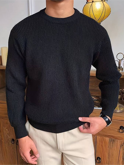 Strickpullover - Lässiger Herren Pullover mit Rundhalsausschnitt aus Rippenstrick-Schwarz-S-Chaps Herrenmode