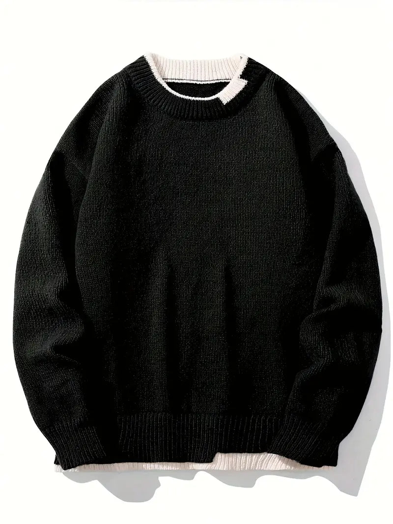 Strickpullover – Lässiger Pullover mit Rundhalsausschnitt für Männer-Schwarz-M-Chaps Herrenmode