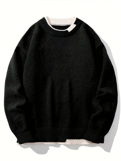 Strickpullover – Lässiger Pullover mit Rundhalsausschnitt für Männer-Schwarz-M-Chaps Herrenmode