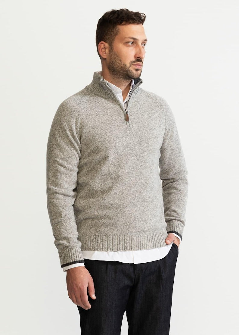 Strickpullover | Polo | Pullover | Pullover mit Viertelreißverschluss | Herrenpullover mit halbem Reißverschluss-Grau-S-Chaps Herrenmode