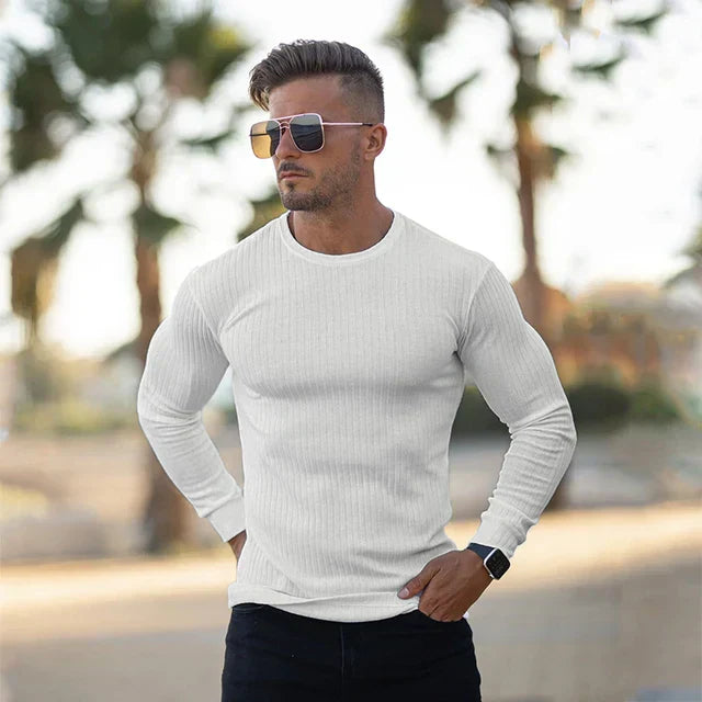Strickpullover – Rippstrick – Langarm – Slim Fit – Herrenpullover-Weiß-M-Chaps Herrenmode