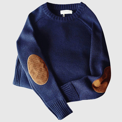 Strickpullover – Rundhalsausschnitt – Ellbogenpatches – Pullover – Herrenpullover-Blau-XS-Chaps Herrenmode
