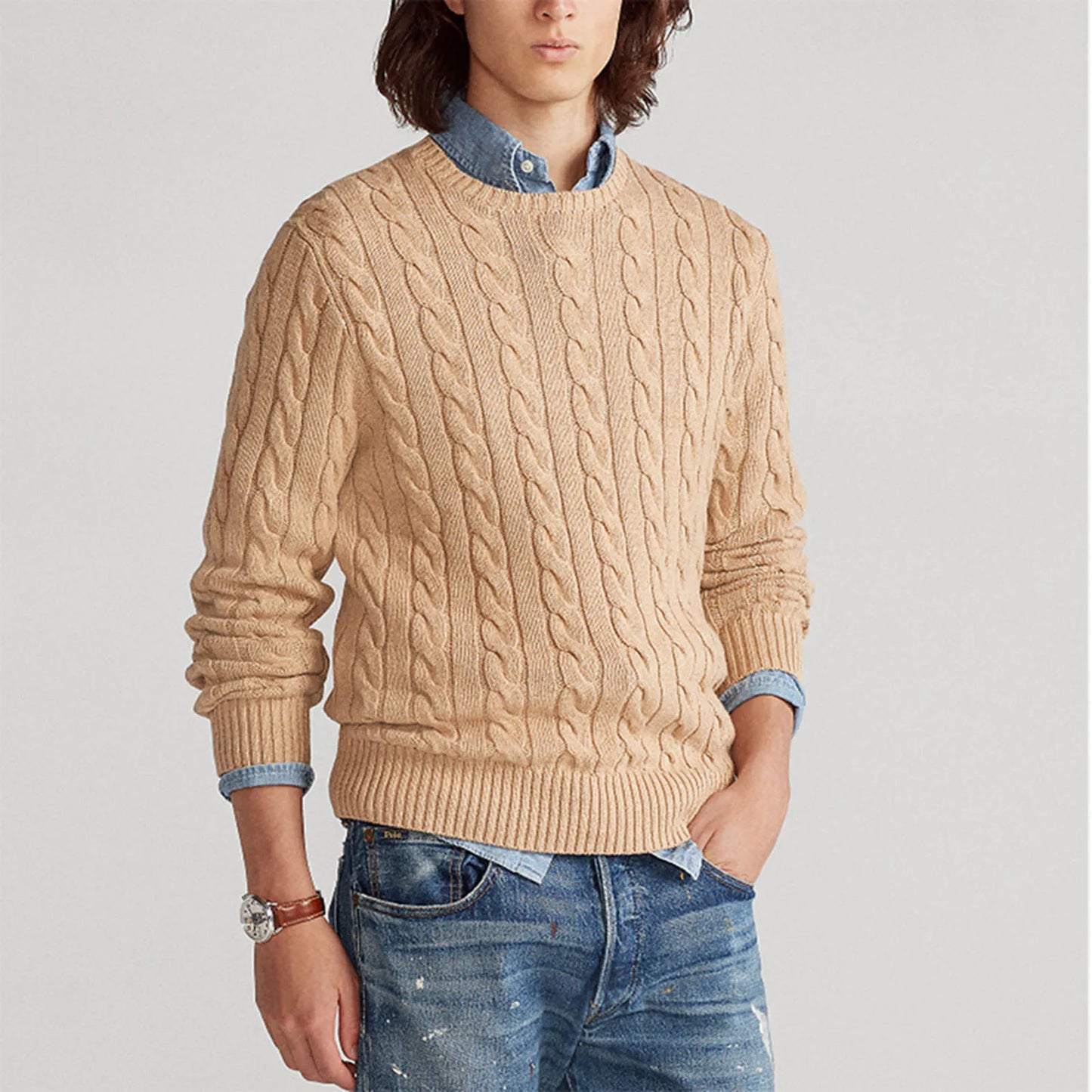 Strickpullover – Zopfmuster – Rundhalsausschnitt – Pullover – Herrenpullover-Chaps Herrenmode
