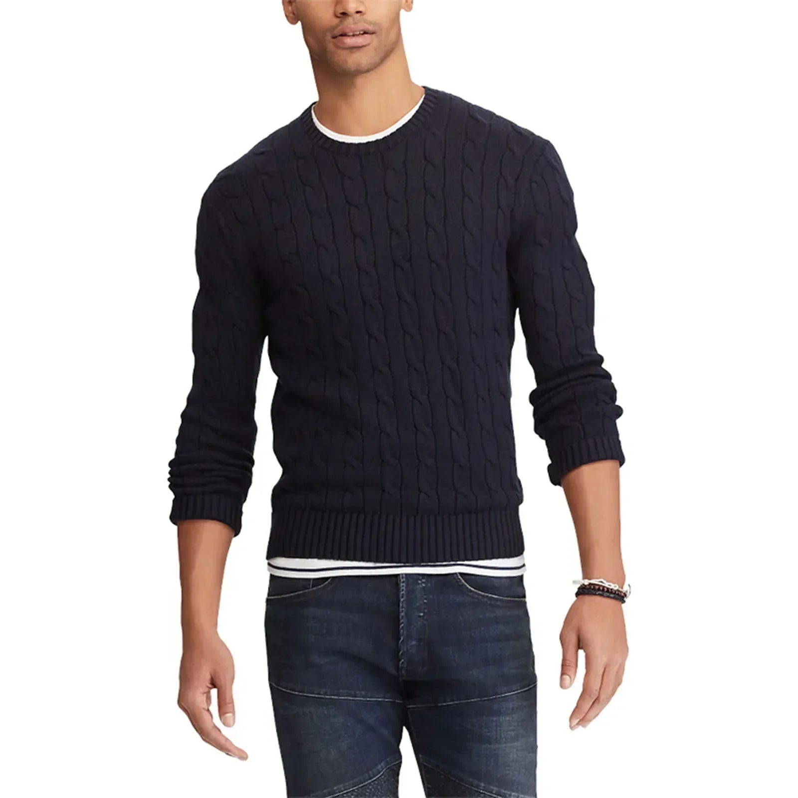 Strickpullover – Zopfmuster – Rundhalsausschnitt – Pullover – Herrenpullover-Dunkelblau-M-Chaps Herrenmode