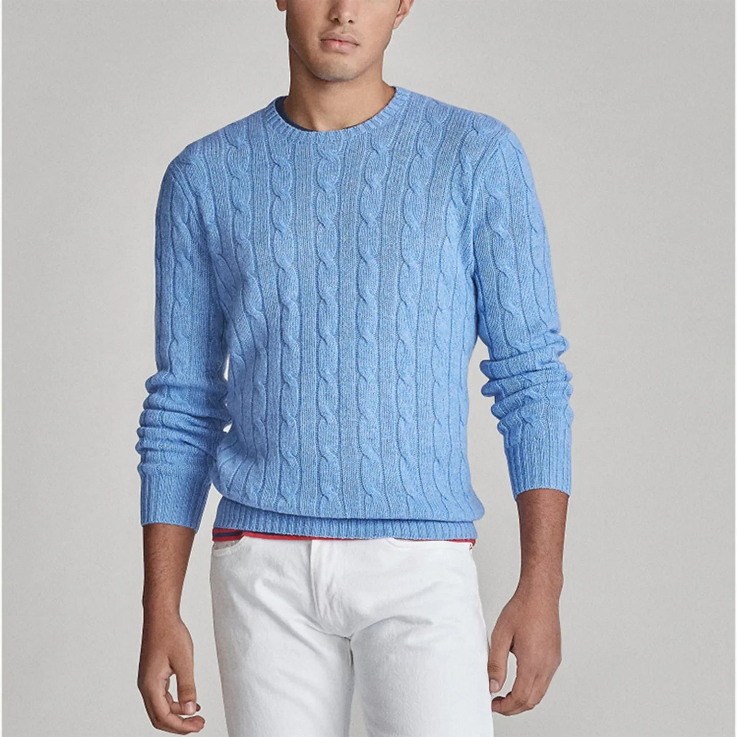 Strickpullover – Zopfmuster – Rundhalsausschnitt – Pullover – Herrenpullover-Hellblau-M-Chaps Herrenmode