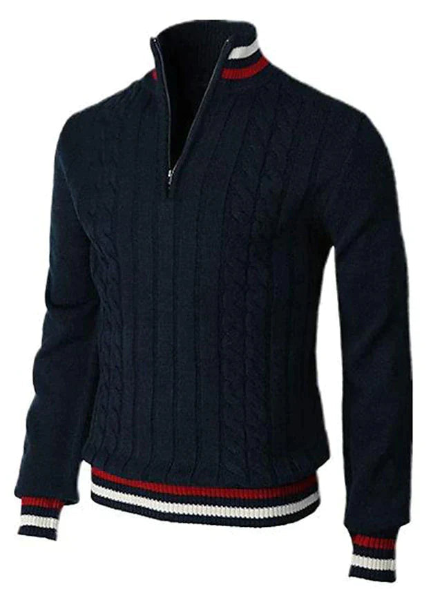 Strickpullover - Zopfstrick - Stehkragen - Half Zip Pullover-Dunkelblau-S-Chaps Herrenmode
