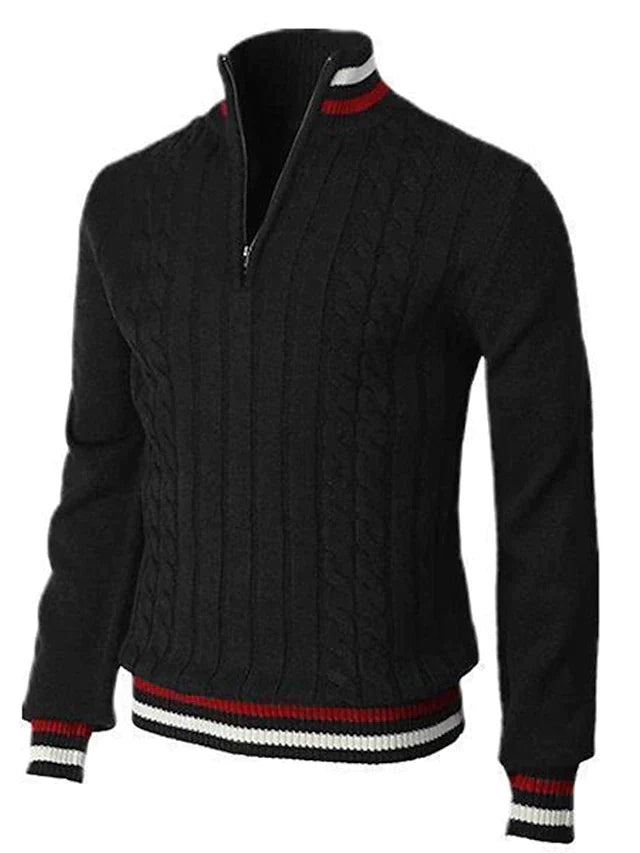 Strickpullover - Zopfstrick - Stehkragen - Half Zip Pullover-Schwarz-S-Chaps Herrenmode