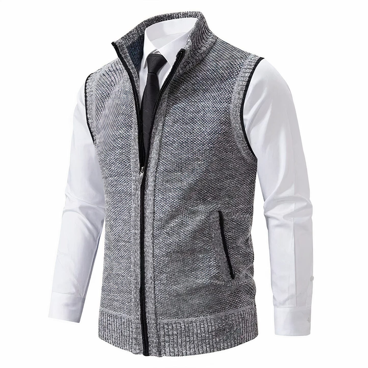Strickweste - Herren Stehkragen Zip-Up Weste mit Taschen-Hellgrau-XS-Chaps Herrenmode
