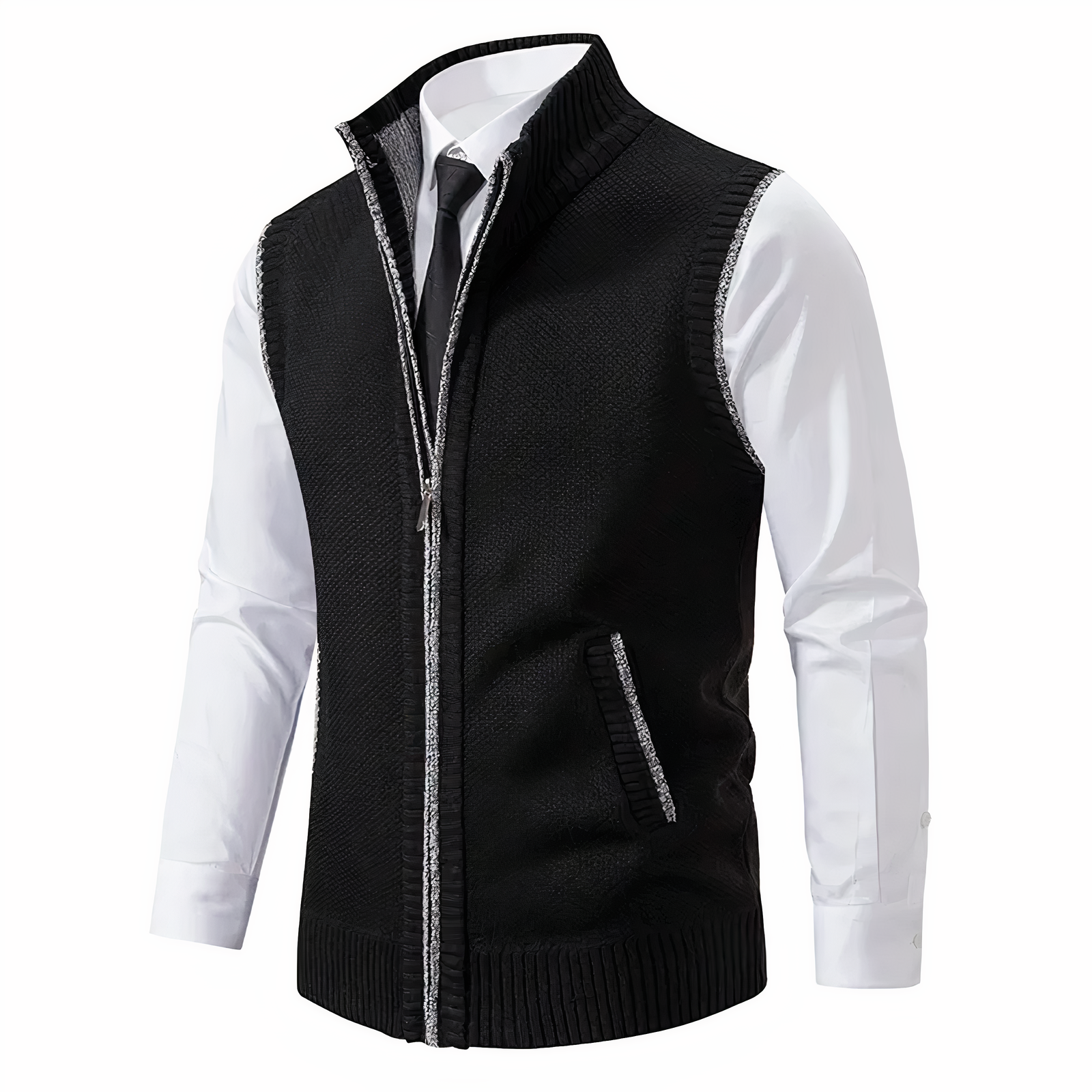 Strickweste - Herren Stehkragen Zip-Up Weste mit Taschen-Schwarz-XS-Chaps Herrenmode
