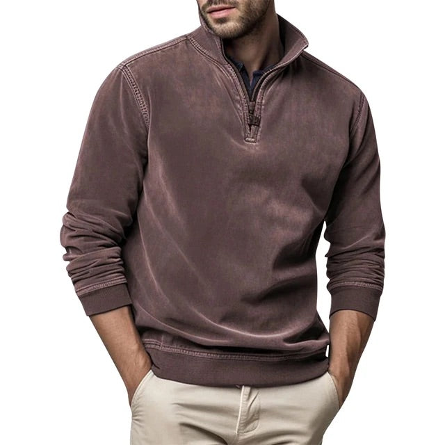 Sweatshirt mit Viertelreißverschluss - Herren lässiger Half-Zip Pullover-Dunkelbraun-S-Chaps Herrenmode