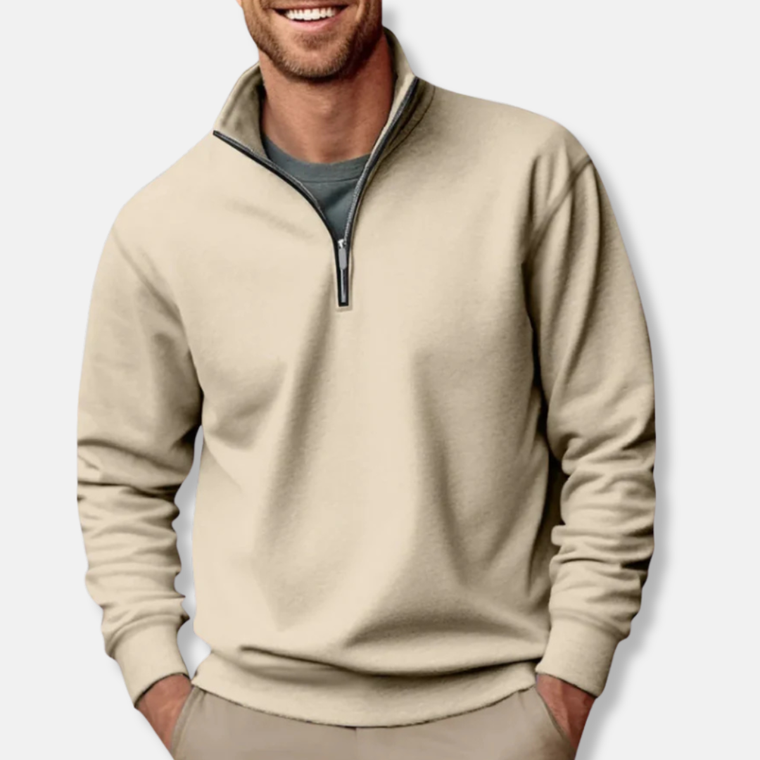 Sweatshirt mit Viertelreißverschluss – Lässig – Lockere Passform – Pullover mit halbem Reißverschluss – Herrenpullover-Beige-S-Chaps Herrenmode