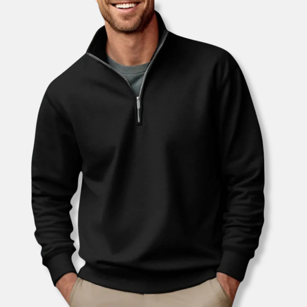Sweatshirt mit Viertelreißverschluss – Lässig – Lockere Passform – Pullover mit halbem Reißverschluss – Herrenpullover-Schwarz-S-Chaps Herrenmode
