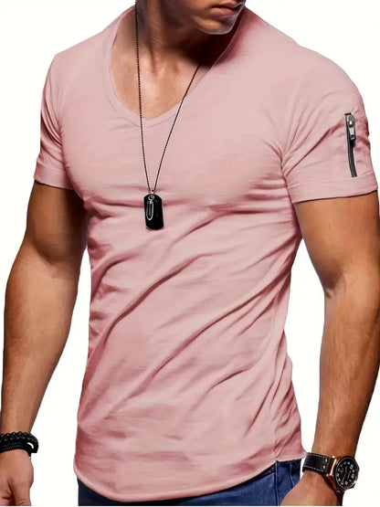 T-Shirt - Lässiges Herren T-Shirt mit kurzen Ärmeln und V-Ausschnitt-Rosa-XS-Chaps Herrenmode