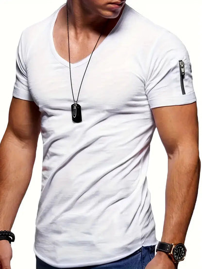T-Shirt - Lässiges Herren T-Shirt mit kurzen Ärmeln und V-Ausschnitt-Weiß-XS-Chaps Herrenmode