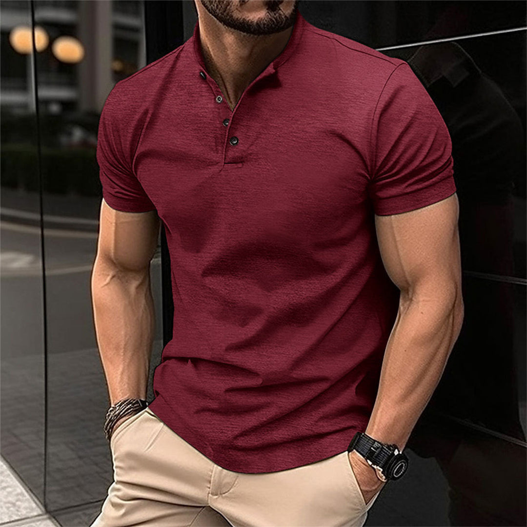 T-Shirt - Lässiges, schlichtes T-Shirt mit Knopfleiste für Männer-Weinrot-S-Chaps Herrenmode