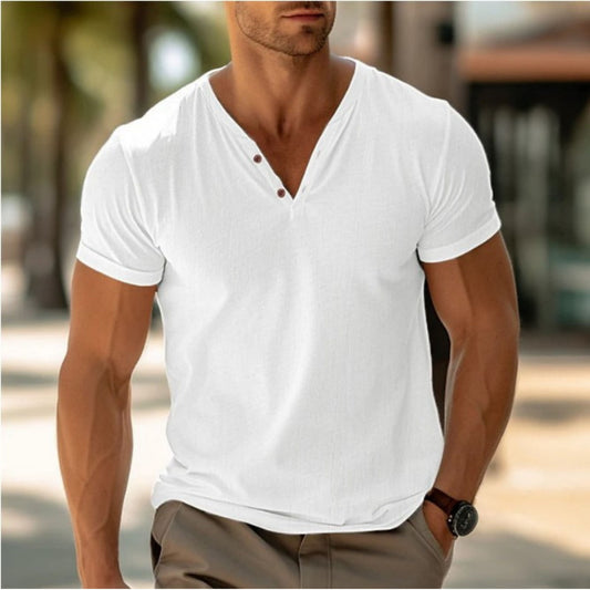 T-Shirt für Männer - Henley T-Shirt mit V-Ausschnitt und Knopfleiste für den Sommer-Weiß-S-Chaps Herrenmode