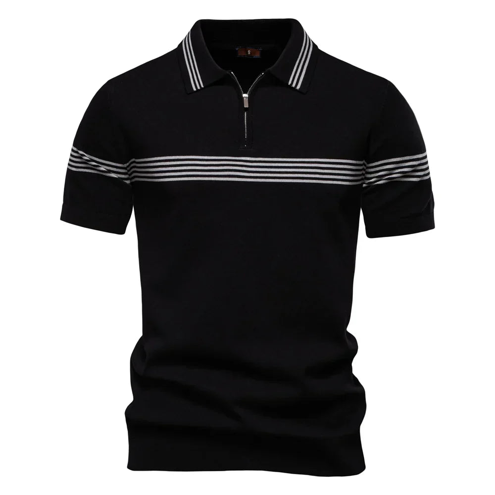 T-Shirt mit Kragen | Gestrickt | Viertel-Reißverschluss | Polo-T-Shirt | Herren-Poloshirt-Schwarz-S-Chaps Herrenmode