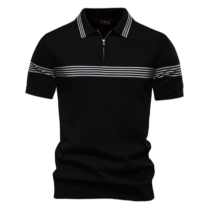 T-Shirt mit Kragen | Gestrickt | Viertel-Reißverschluss | Polo-T-Shirt | Herren-Poloshirt-Schwarz-S-Chaps Herrenmode