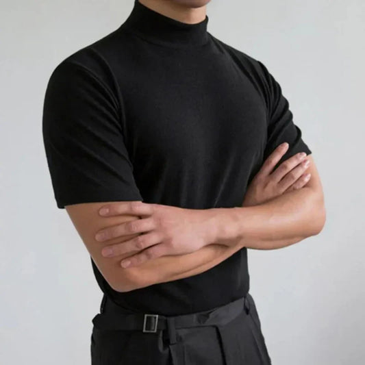 T-Shirt mit hohem Halsausschnitt | Lässig | Kurzarm | Einfarbiges T-Shirt | Herrenbekleidung-Schwarz-S-Chaps Herrenmode