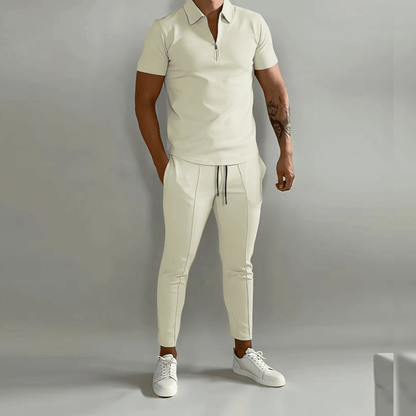 T-Shirt und Jogginghose im Set – Zweiteiliges Set aus Polo-T-Shirt und Hose für Männer-Beige-S-Chaps Herrenmode