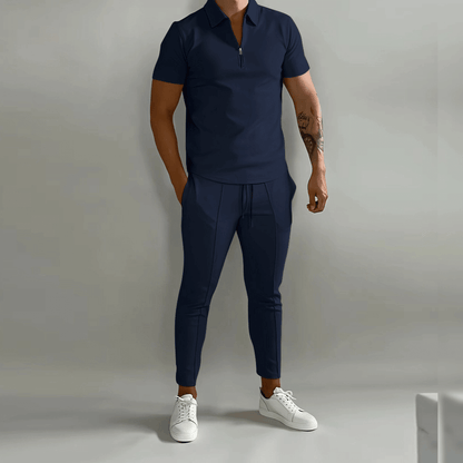 T-Shirt und Jogginghose im Set – Zweiteiliges Set aus Polo-T-Shirt und Hose für Männer-Dunkelblau-S-Chaps Herrenmode
