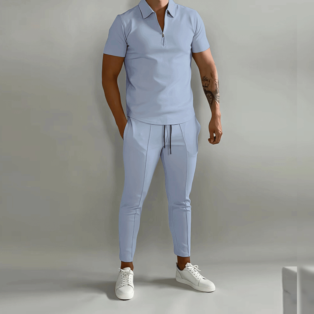 T-Shirt und Jogginghose im Set – Zweiteiliges Set aus Polo-T-Shirt und Hose für Männer-Hellblau-S-Chaps Herrenmode