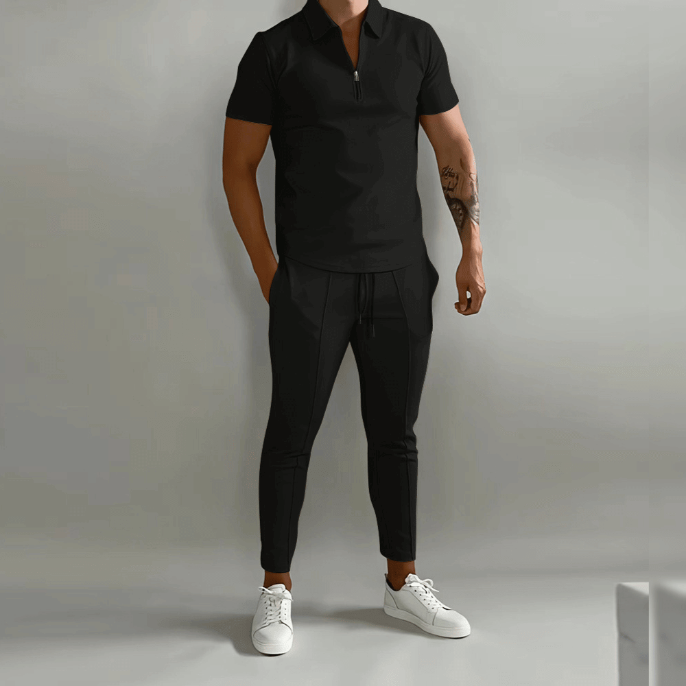 T-Shirt und Jogginghose im Set – Zweiteiliges Set aus Polo-T-Shirt und Hose für Männer-Schwarz-S-Chaps Herrenmode