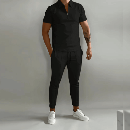 T-Shirt und Jogginghose im Set – Zweiteiliges Set aus Polo-T-Shirt und Hose für Männer-Schwarz-S-Chaps Herrenmode
