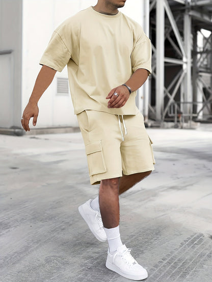 T-Shirt und Shorts im Set | Cargoshorts | Oversized | Zweiteiliges Set | Herrenbekleidung-Hellgelb-S-Chaps Herrenmode
