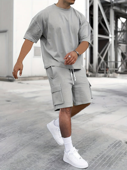 T-Shirt und Shorts im Set | Cargoshorts | Oversized | Zweiteiliges Set | Herrenbekleidung-Hellgrau-S-Chaps Herrenmode