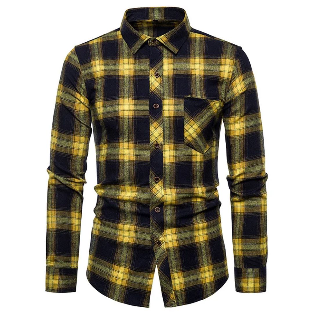 Trachtenhemd Herren - Baumwolle Kariert Blau Oktoberfest-Gelb/Schwarz-38-Chaps Herrenmode